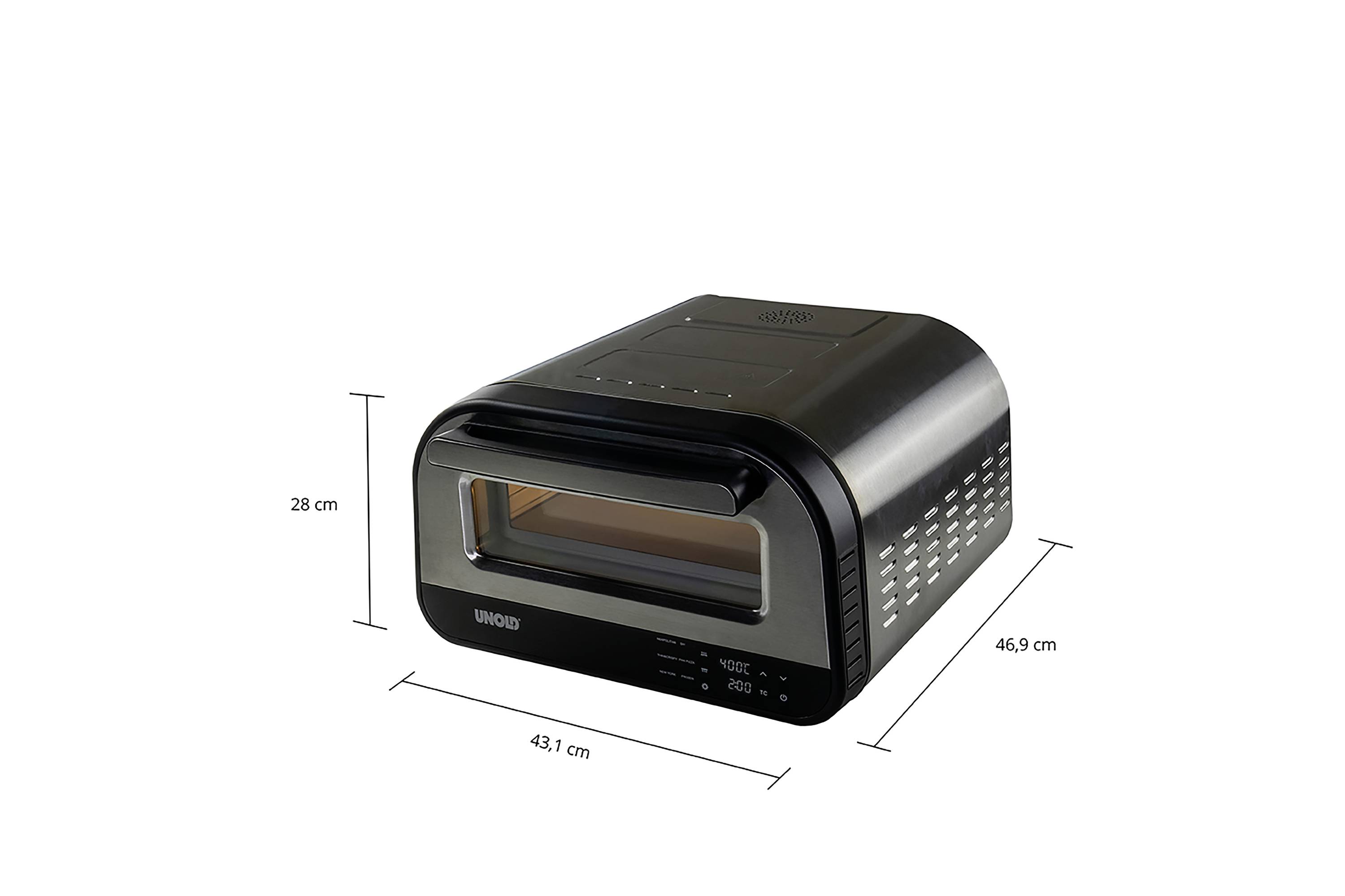 A black stove with a viewing window, dimensions: 28 cm high, 43.1 cm wide and 46.9 cm deep.