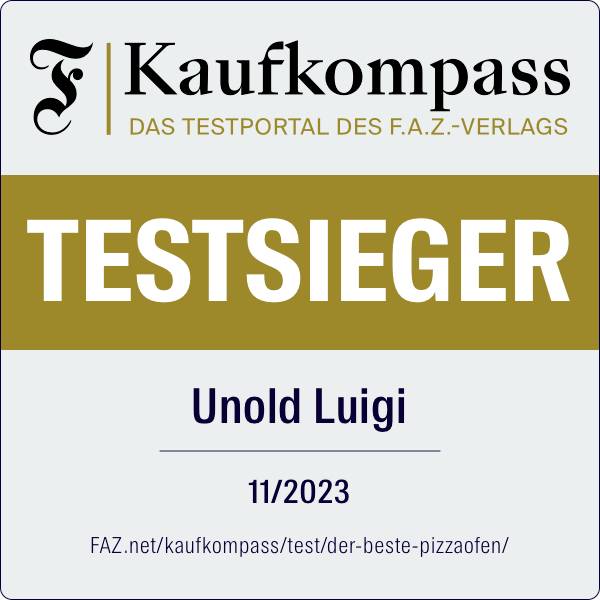 'Winner' in the Kaufkompass 11/2023: Unold Luigi Pizza Oven. Evaluated by the test portal of the F.A.Z. publishing house. Website: FAZ.net/buying-guide/test/the-best-pizza-oven