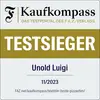 'Winner' in the Kaufkompass 11/2023: Unold Luigi Pizza Oven. Evaluated by the test portal of the F.A.Z. publishing house. Website: FAZ.net/buying-guide/test/the-best-pizza-oven