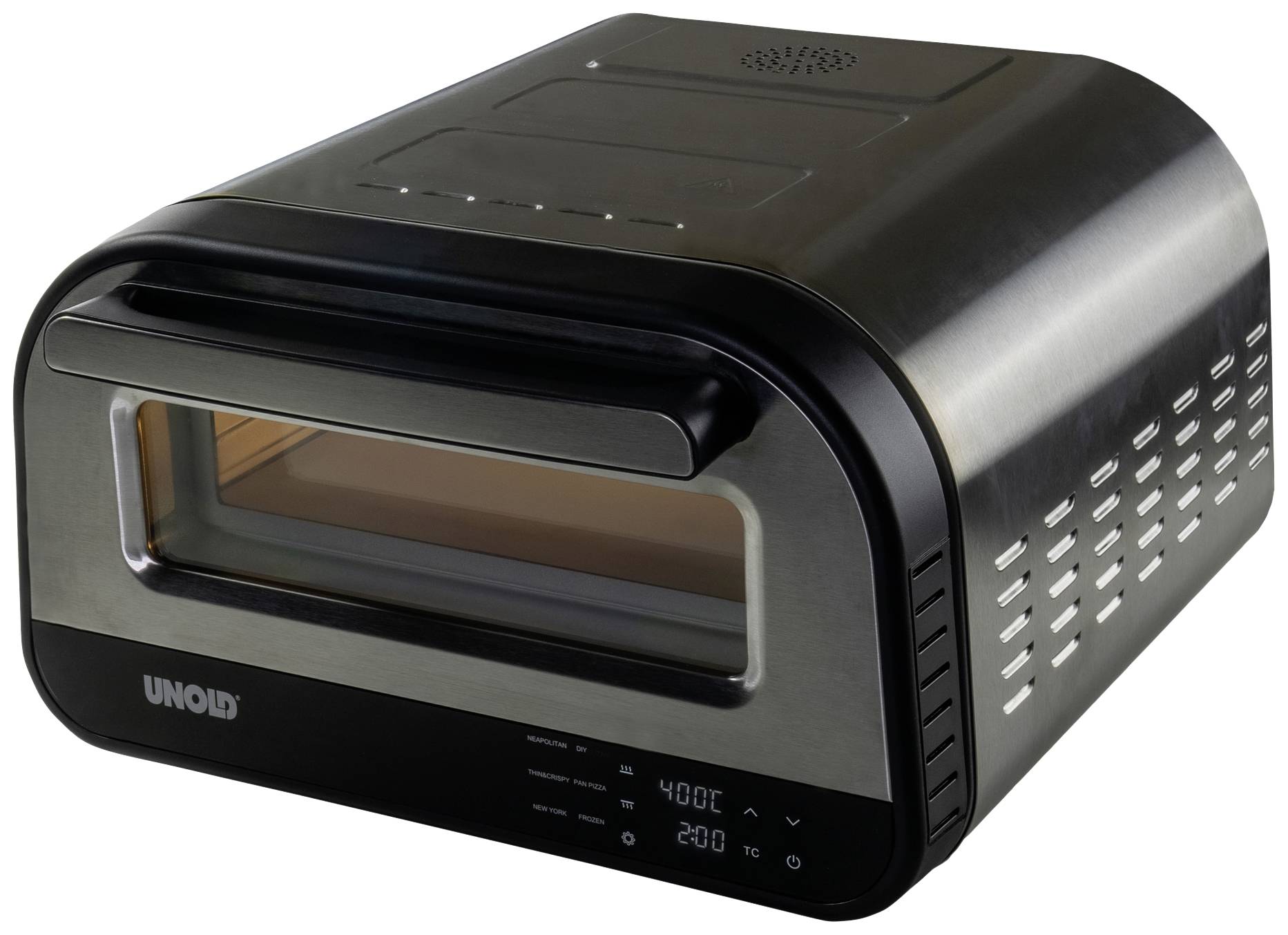 Black table oven with glass door and digital display, showing 400°C and 120 mins. Ideal for baking or grilling.