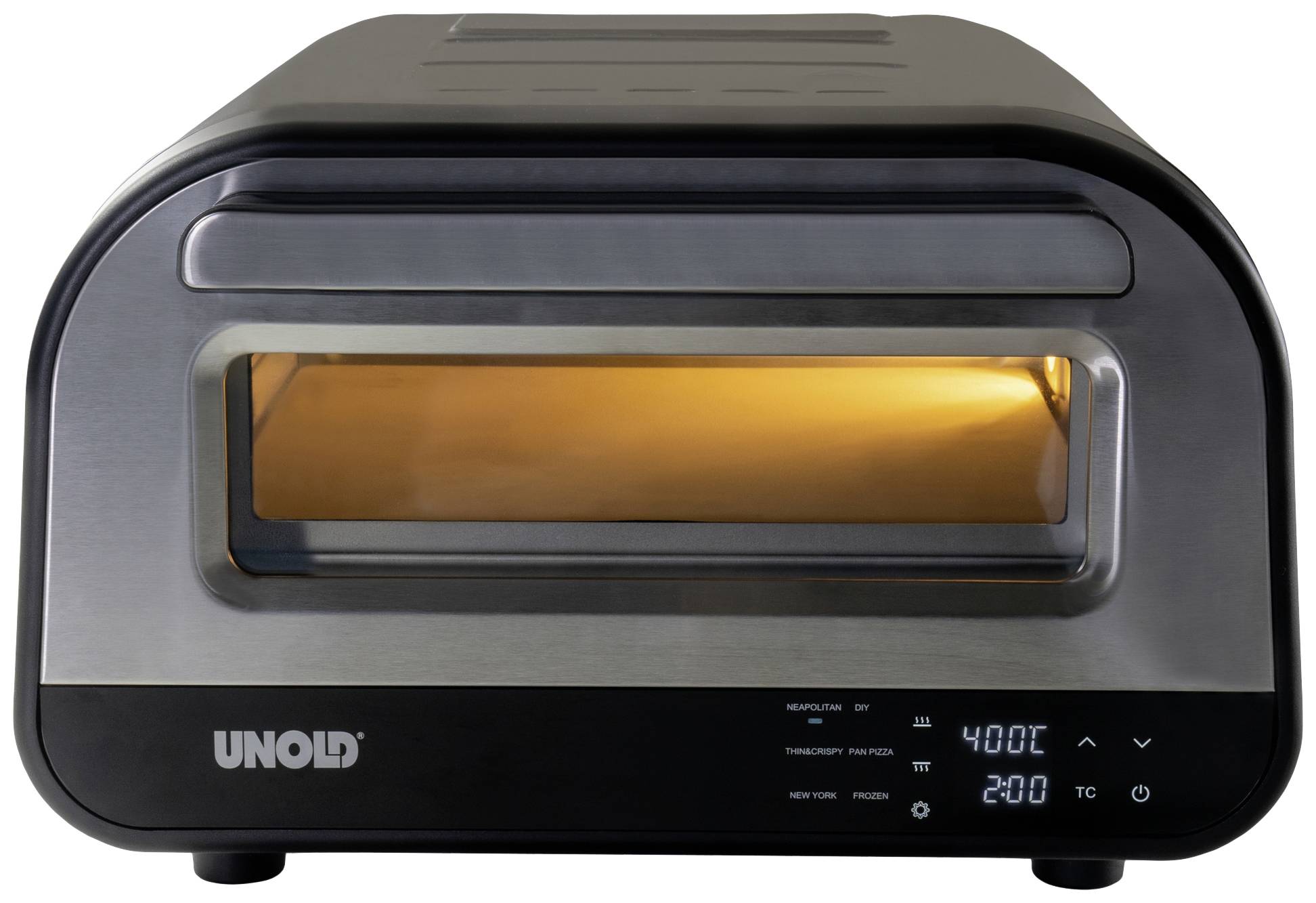 A black Unold pizza oven with viewing window and digital display. Shows a temperature of 400°C for the upper section and 200°C for the lower section.