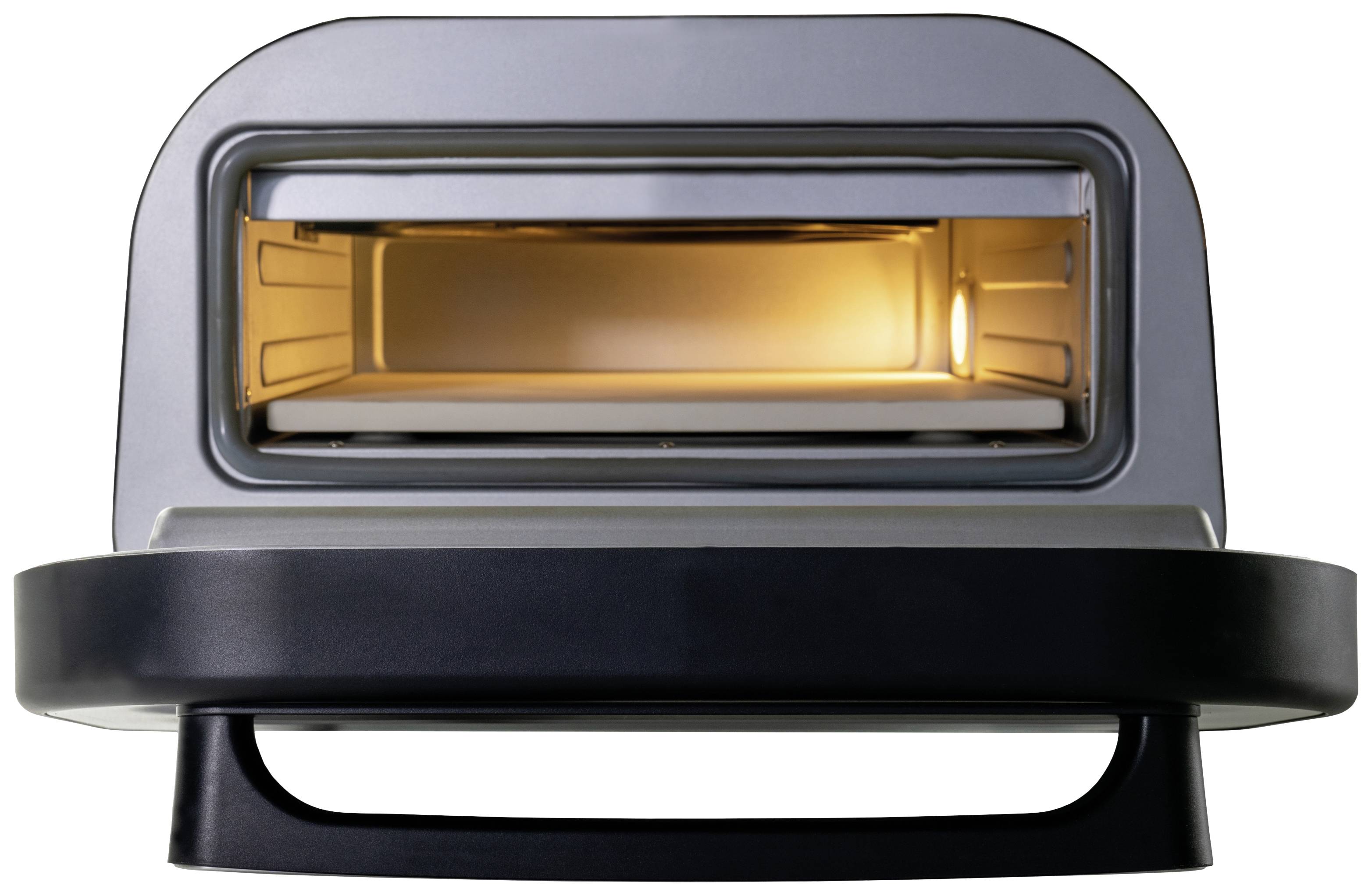 An electric oven with an open door and illuminated interior. Ideal for baking or reheating food in the kitchen.