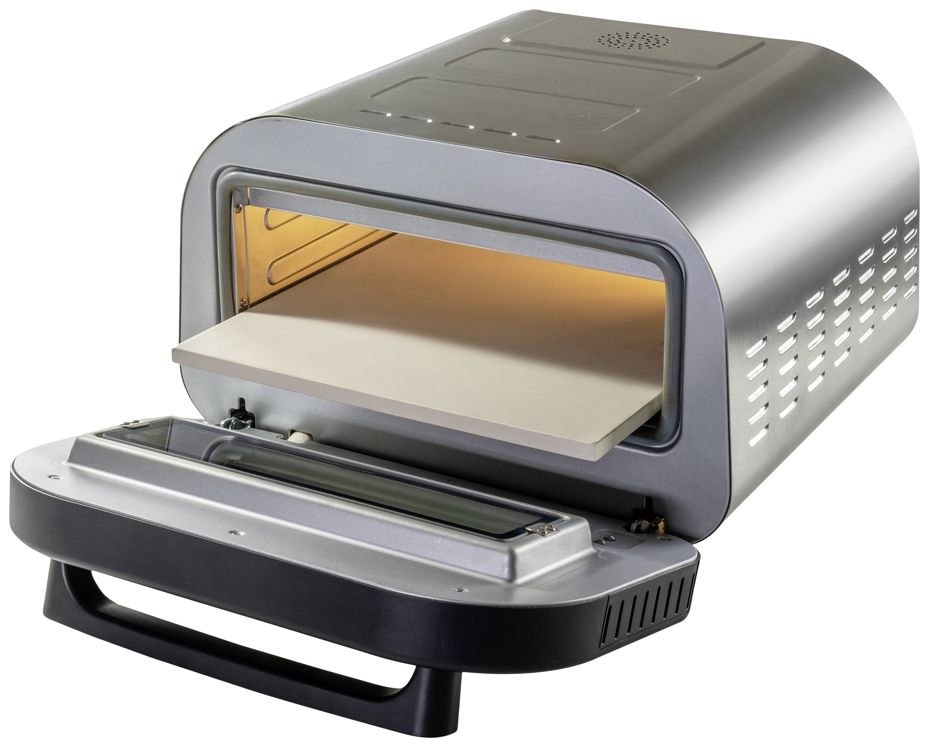 Silver pizza oven with an open lid and a brick plate inside. The appliance stands on a black base.