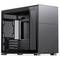 A black PC case being examined. It is clean with a clear side window, showing the interior and front bottom connections.
