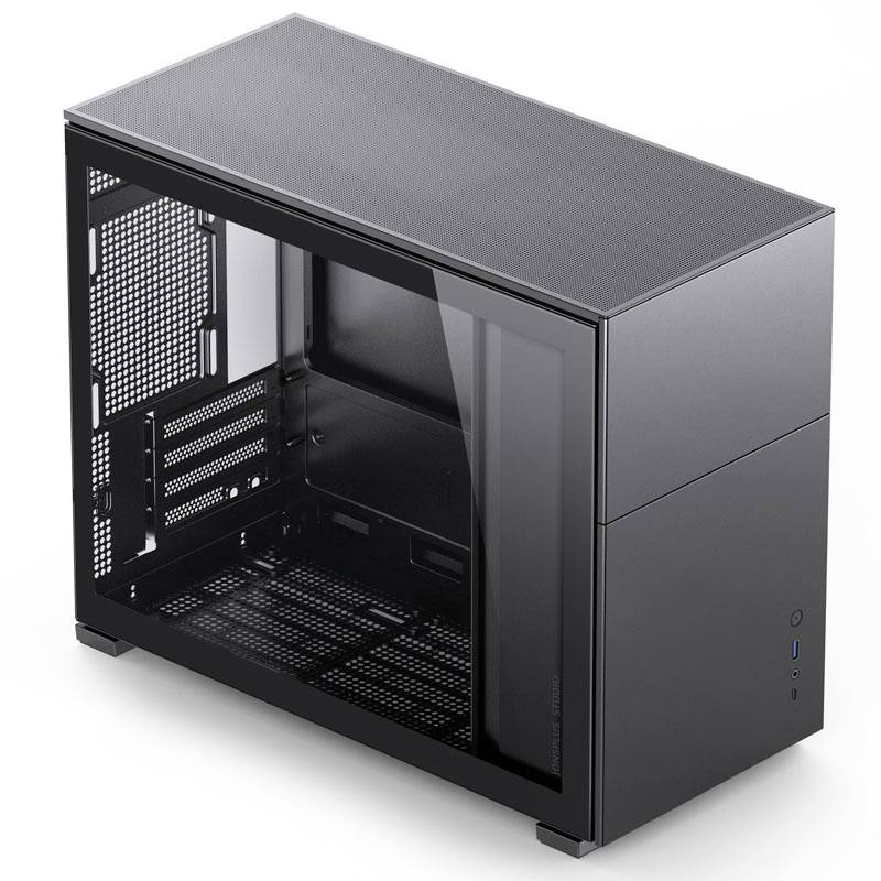 A black computer case with a smooth surface and a transparent side panel that reveals the internal components.