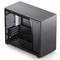 A black computer case with a smooth surface and a transparent side panel that reveals the internal components.