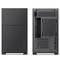 A minimalist, black computer case made of metal and glass, front and rear views. Ventilation and ports are visible on the rear side.