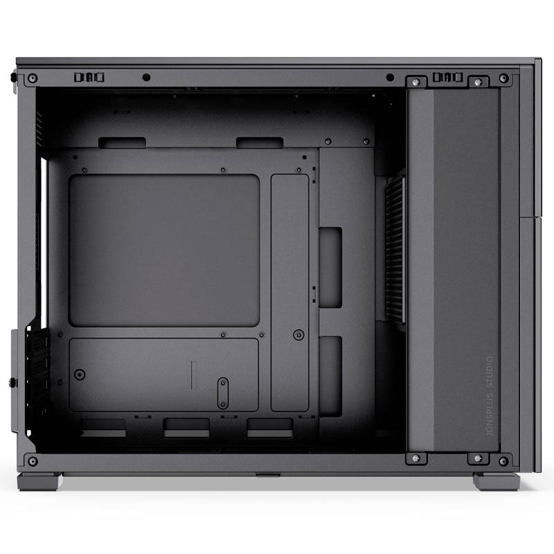 The image shows the interior of an empty computer case. It provides space for hardware components such as the motherboard and drives.