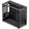 Black PC case without components, showing the side panels and interior space for mounting hardware components.