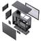 Dismantled computer case: Main chassis in the centre, surrounded by removed side panels, top and bottom sections.