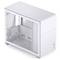 An open, white computer case with a transparent side panel and multiple ports on the front.