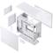 Exploded view of a white computer case with removable panels and frame. Reveals structural details and construction.