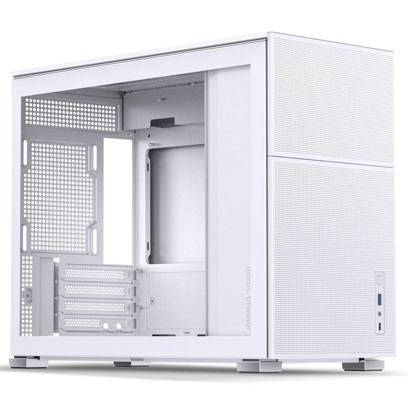 A white computer case with a minimalist design. It features a transparent side panel and is prepared for the installation of computer components.