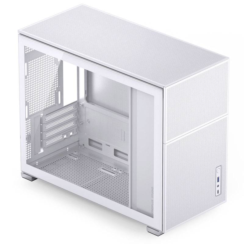 A white computer case with a side acrylic glass panel, suitable for PC component installation. Contains space for fans and front connections.