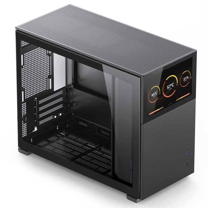 A black computer case with a transparent side panel and a digital display showing temperatures and humidity levels.