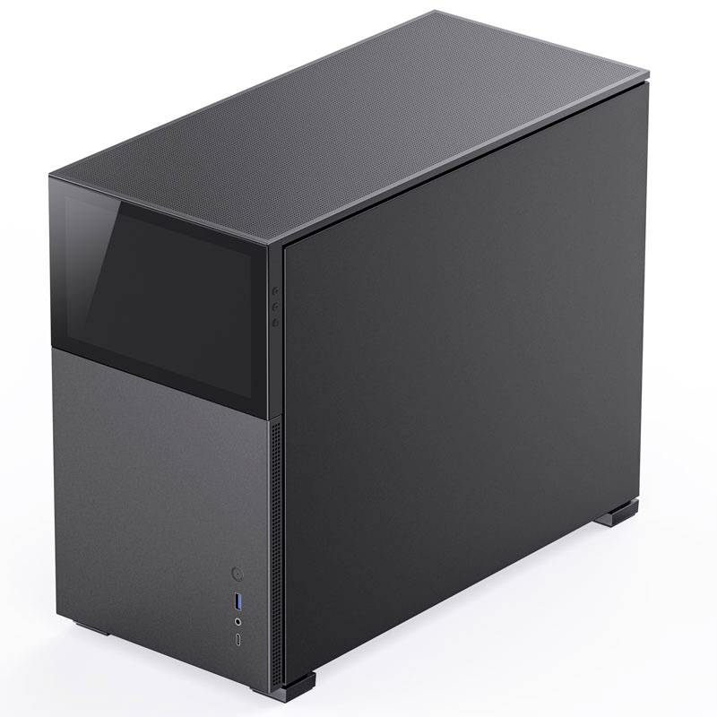 A black computer case with a side glass window, positioned vertically, displays design features such as USB ports on the front.