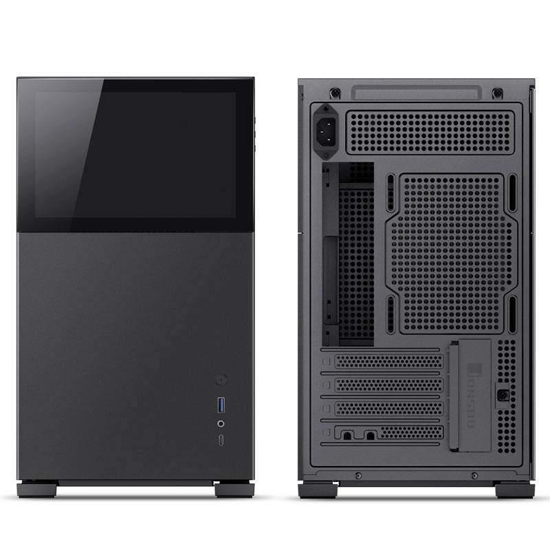 Front and rear view of a black PC case. The front is simple, with the rear showing multiple ventilation grilles and connection points.