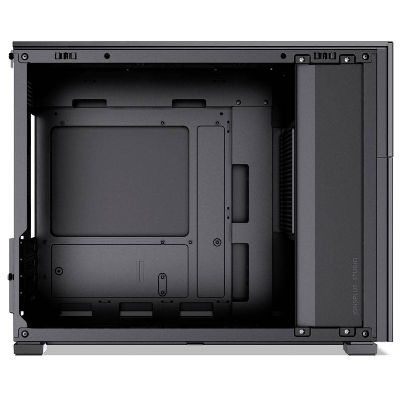 Open case of a computer without components, showing the metal structure and potential mounting areas for motherboard and drives.