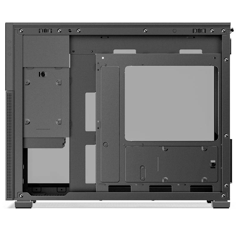 An open computer case viewed from the side, without installed hardware. It shows mounting points and cable routing channels.