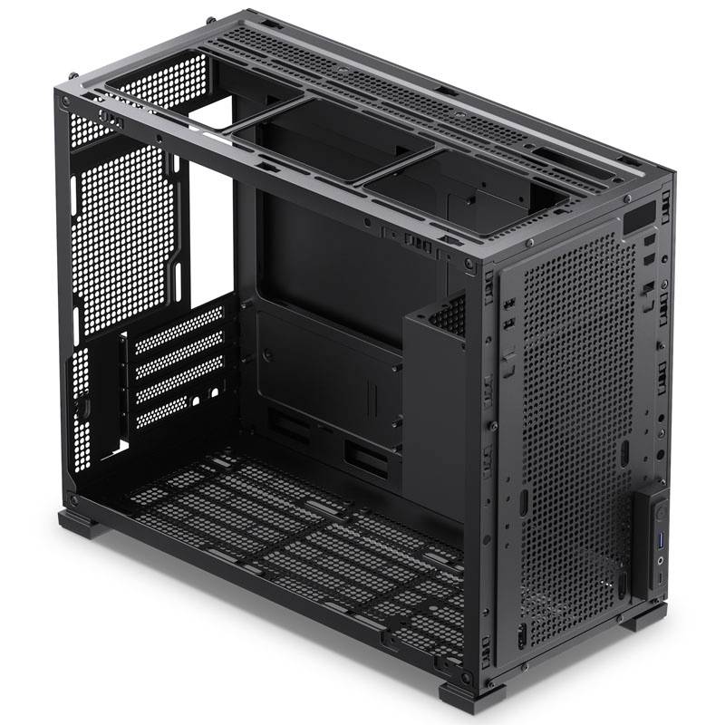 Black PC case without hardware, side panels removed, showing interior view, space for components and ventilation slots.