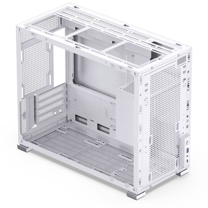 Metal computer case with side and rear ventilation grilles and multiple mounting spaces for hardware components.
