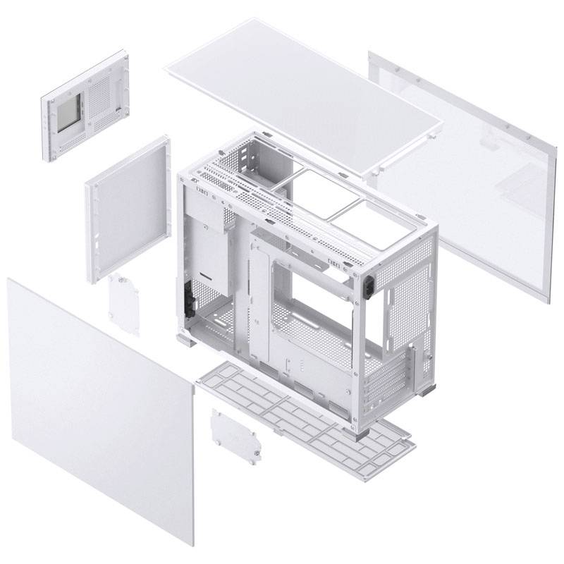 Exploded view of a computer case with removed panels and components, revealing the internal structure and rear section.