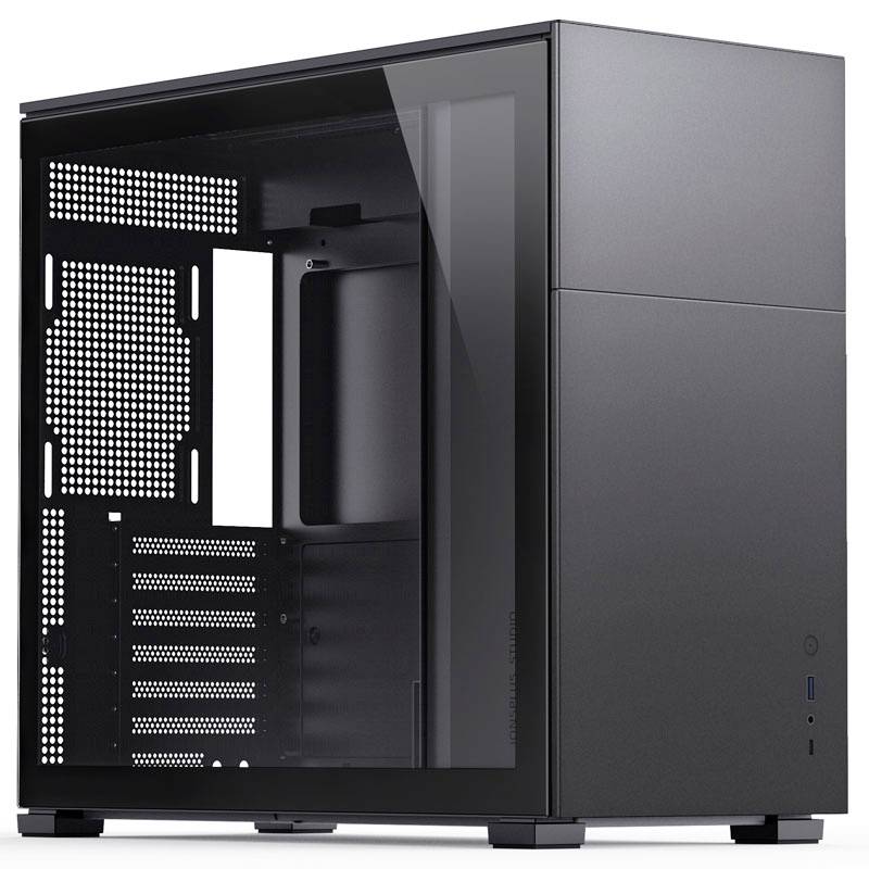 Black, minimalist PC case with a glass side panel, spacious interior, and multiple expansion slots.