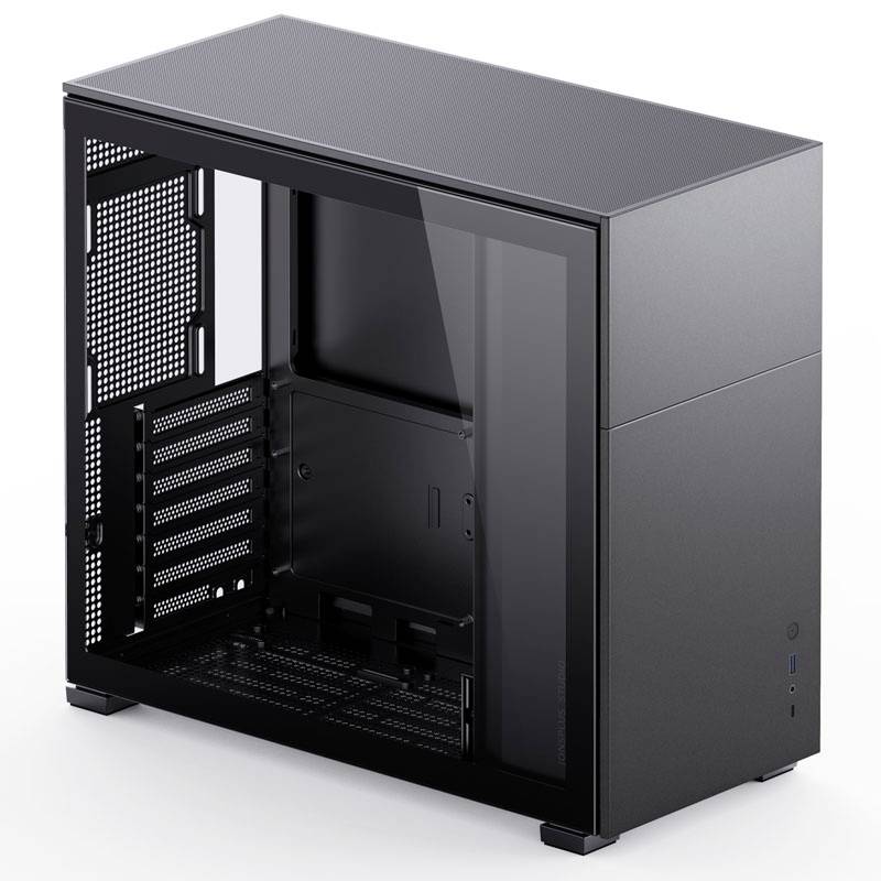 Black, empty computer case with a transparent side panel, showing space for components such as motherboard and graphics card.