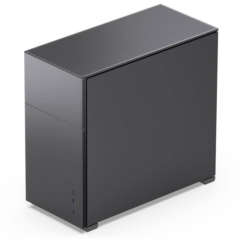 A black, minimalist PC case with a simple design. It has a smooth surface and compact form, with no visible ports.