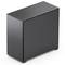 A black, minimalist PC case with a simple design. It has a smooth surface and compact form, with no visible ports.