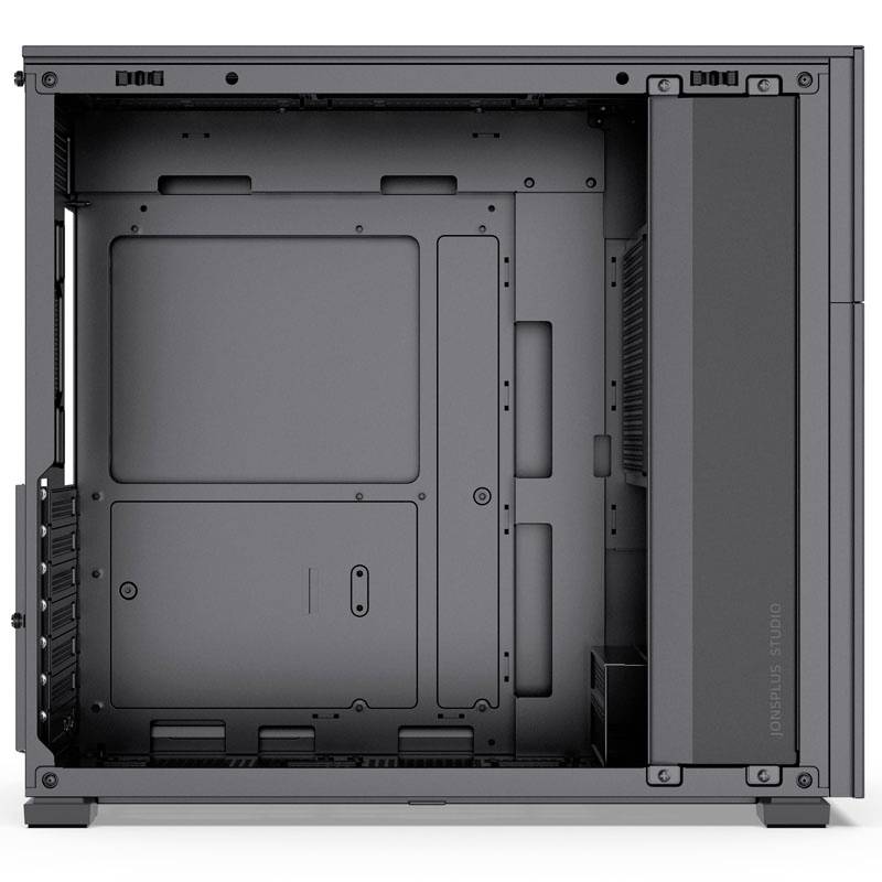 Open computer case in black without components, shown from the side. Contains mounting brackets for motherboard, drives and fans.