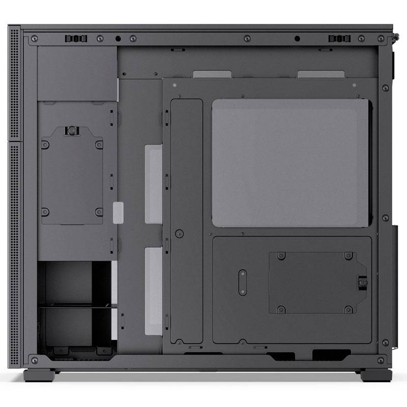 PC case interior with exposed structure and cable management system, showing space for components and fan mounting.
