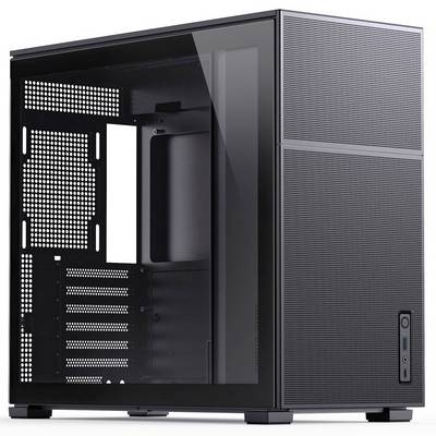 An empty computer tower case made of glass and metal, without internal components. Suitable for building a custom PC.