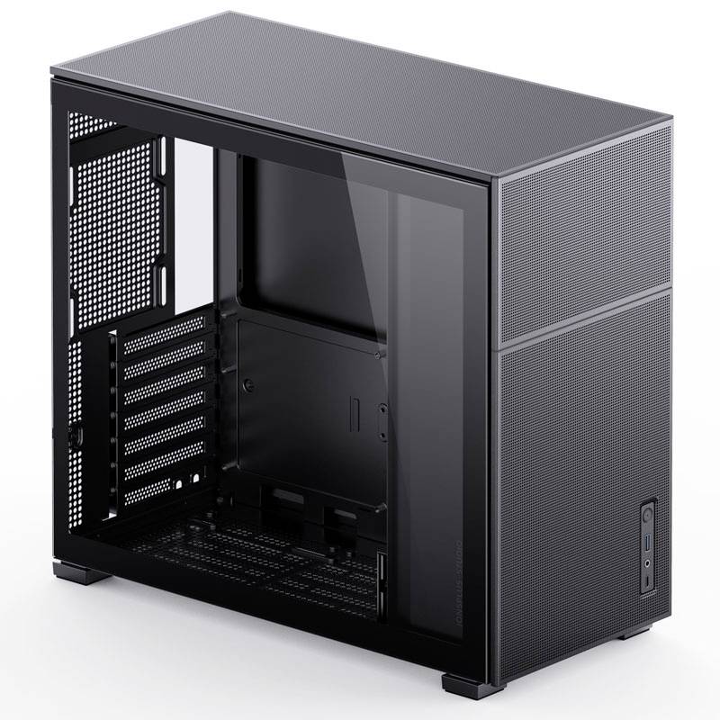 Black, open PC case with a transparent side panel, revealing the interior space for component installation.