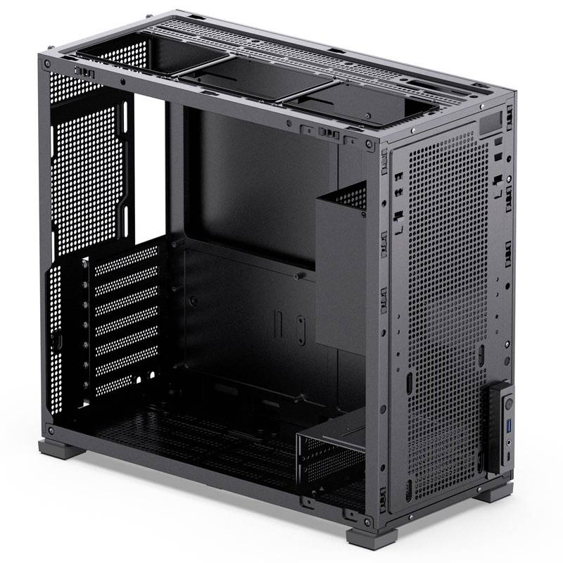 Empty black computer case with view of interior spaces and openings for component installation.