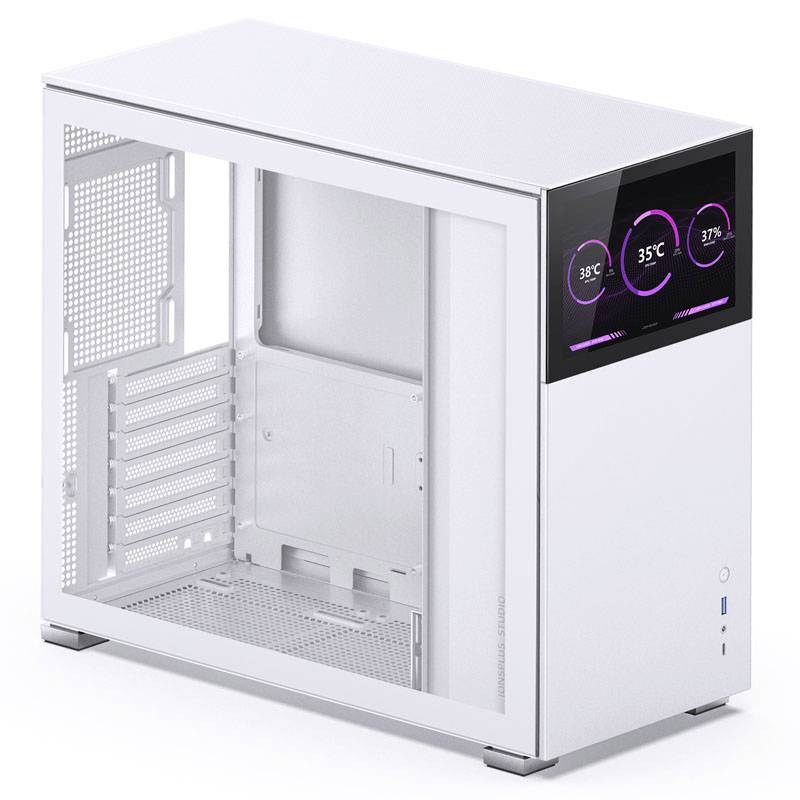 White PC case with a transparent side panel and temperature display on the front, showing 38°C, 35°C, 37°C.