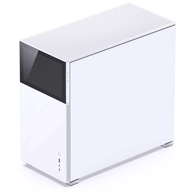 An elegant, minimalist white computer case with a smooth surface. Features USB ports and ventilation slots.