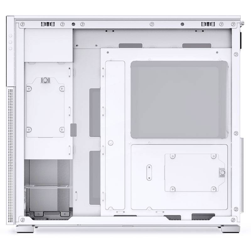 A white computer chassis viewed from the inside, featuring multiple drive bays, mounting points, and cable routing slots.