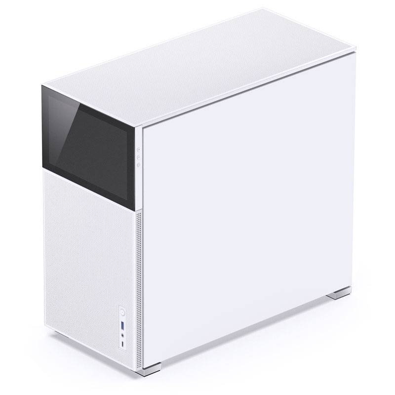 A white computer case with a minimalist design, featuring a smooth surface and ports on the front.
