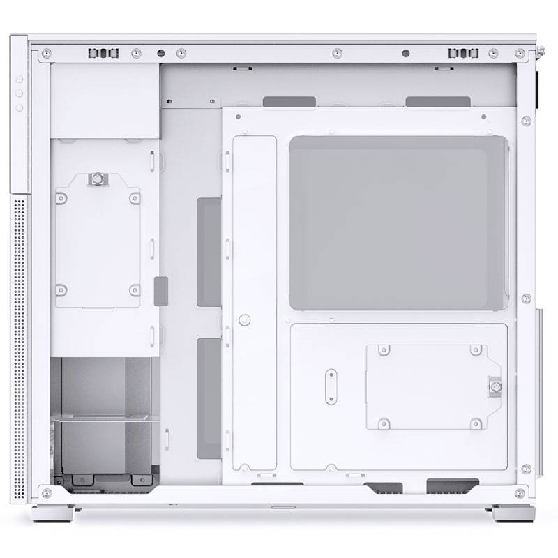 An open, empty computer case viewed from the side. It has a white interior with multiple mounting slots and cable management options.