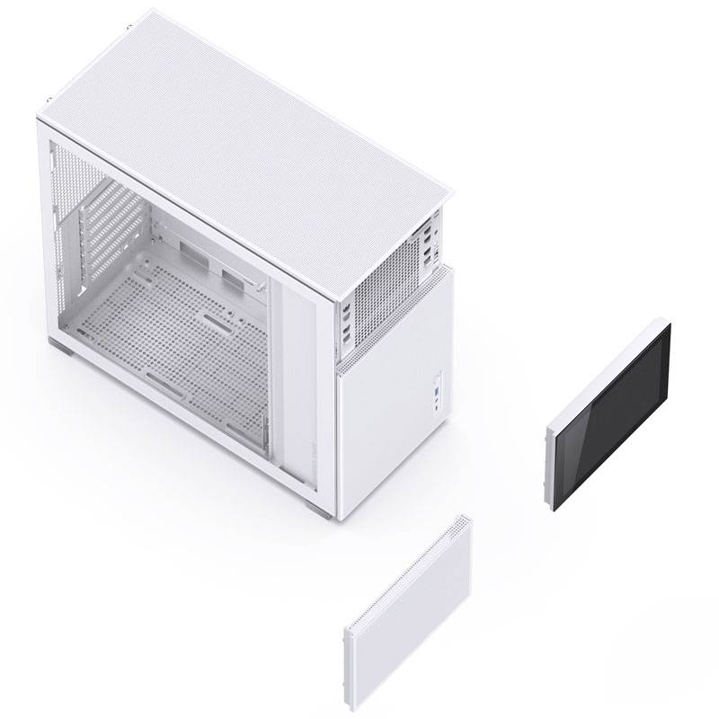 White computer case with side panels removed, floating to the left and right to reveal its interior.