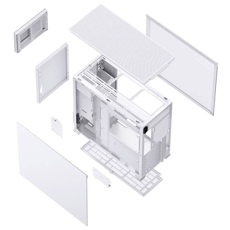 An exploded view of a computer case with side panels, top and bottom removed, revealing its internal structure.