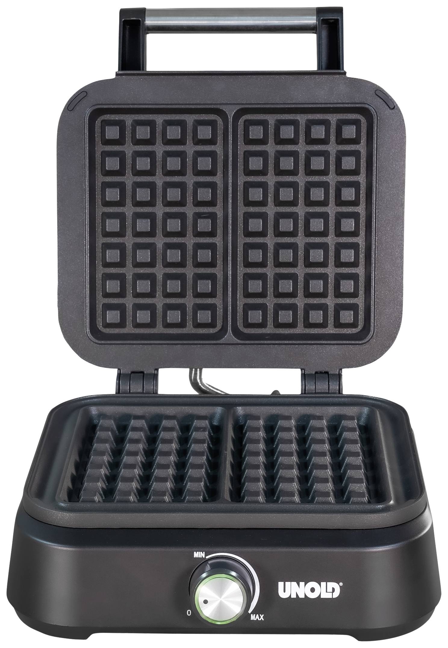 Open waffle maker with dual browning control and brand name on the front.