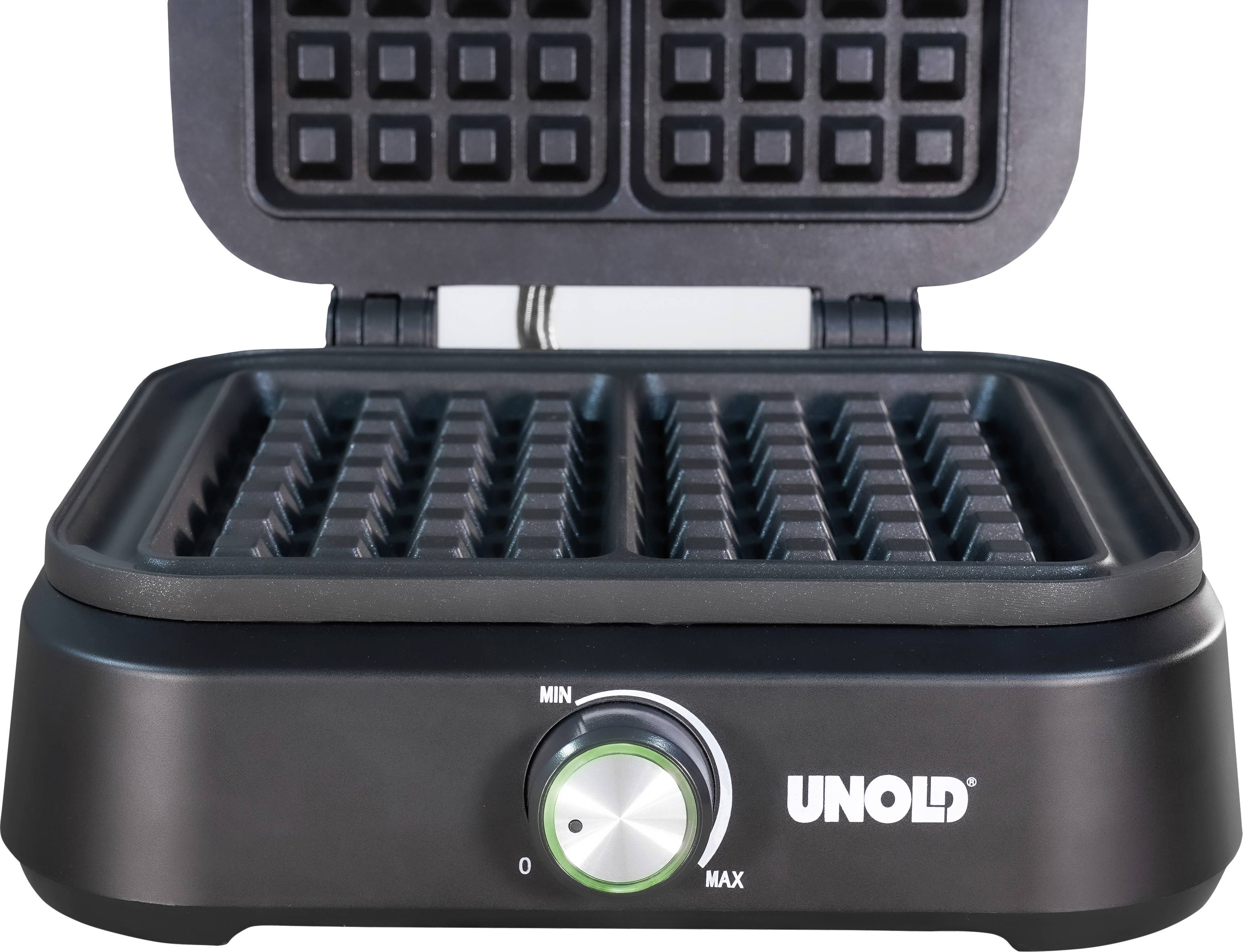 Black waffle maker with open lid, two rectangular waffle moulds and temperature control at the front.