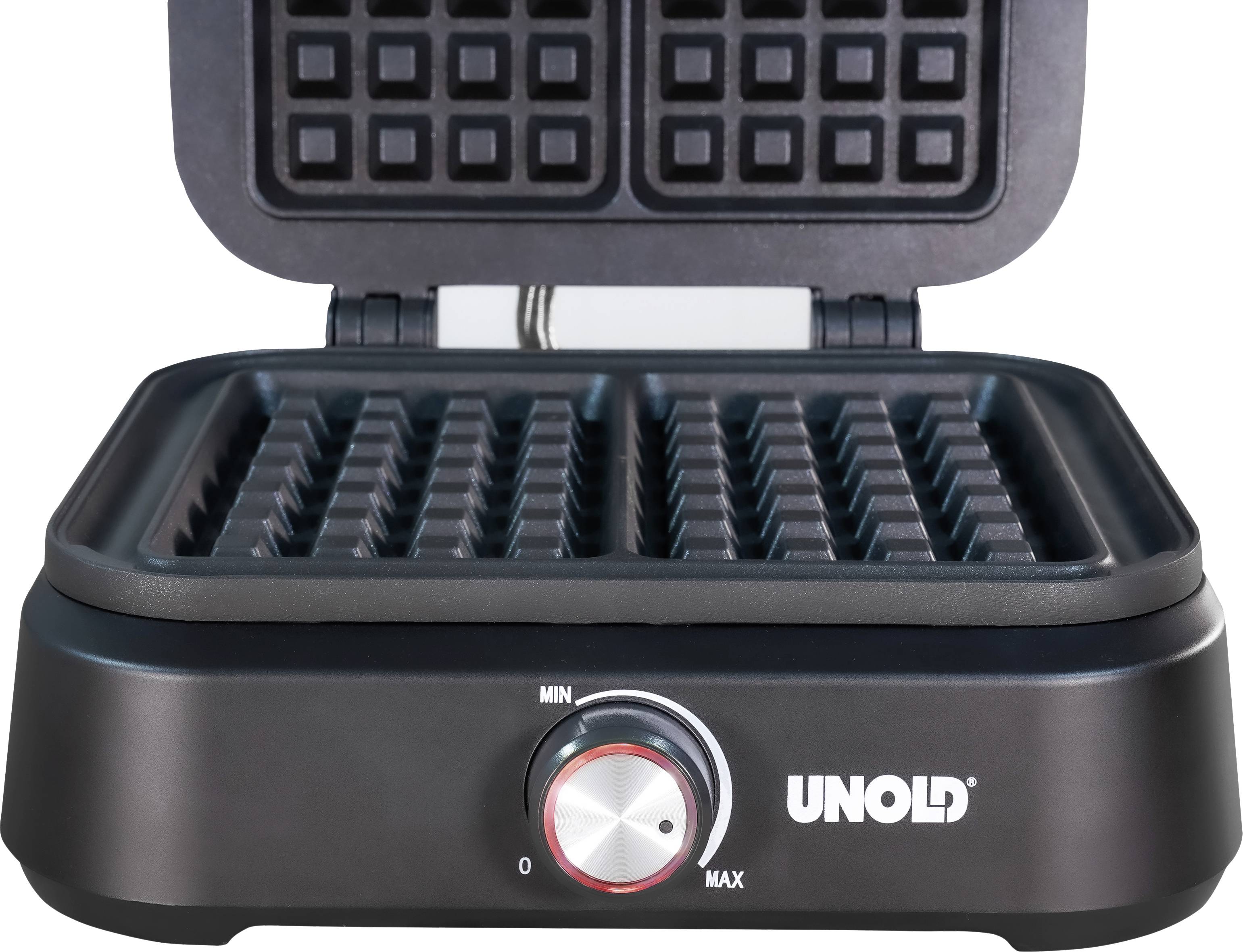 Waffle maker with open lid, temperature control dial at the front, brand name 'UNOLD' visible.