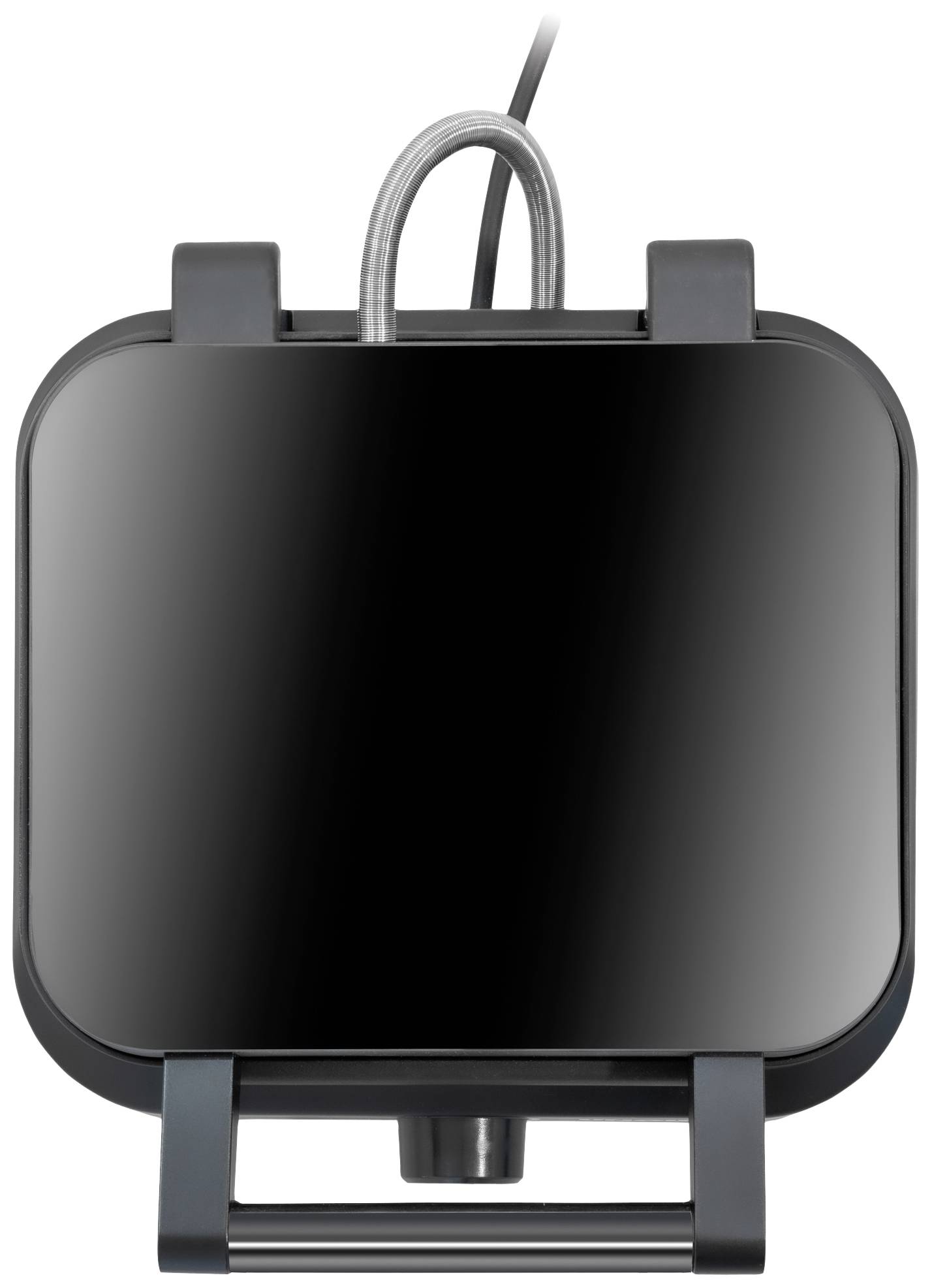 A black electric grill with a glossy surface and cable, ready for use in the kitchen or home.