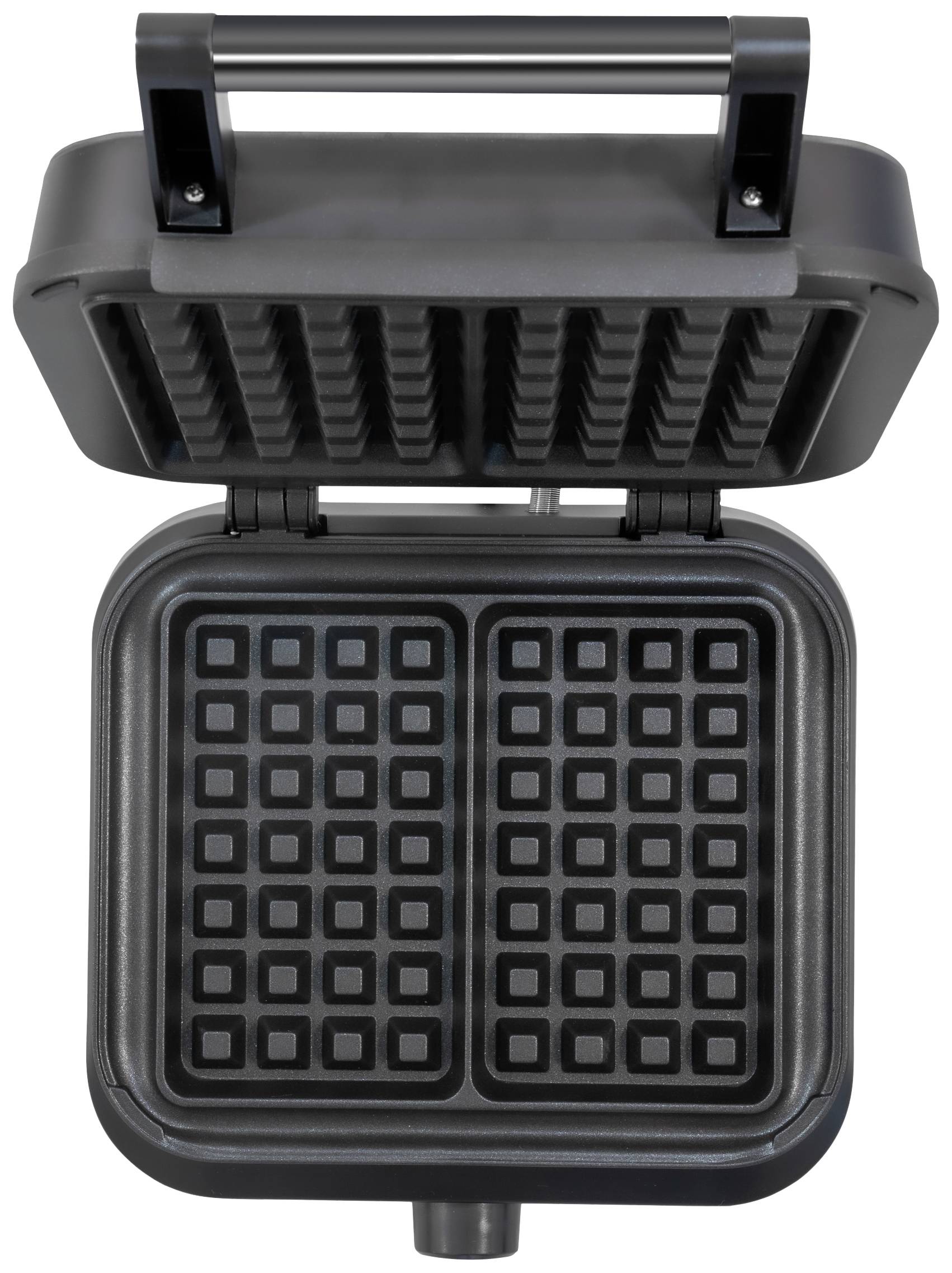 Waffle iron with two square moulds used for baking waffles.
