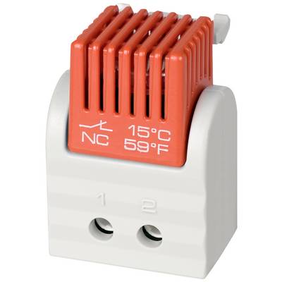 A red thermostat temperature switch with '15°C 59°F' and 'NC' (Normal Closed) inscription, with two terminal connections at the bottom.