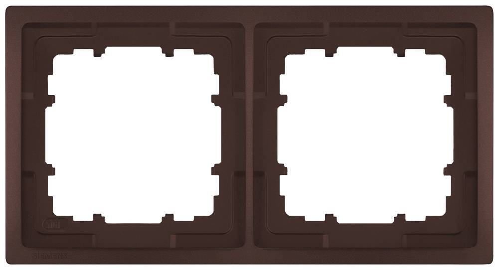 Brown plastic double frame for sockets or switches, with rectangular cut-outs in the centre for mounting.