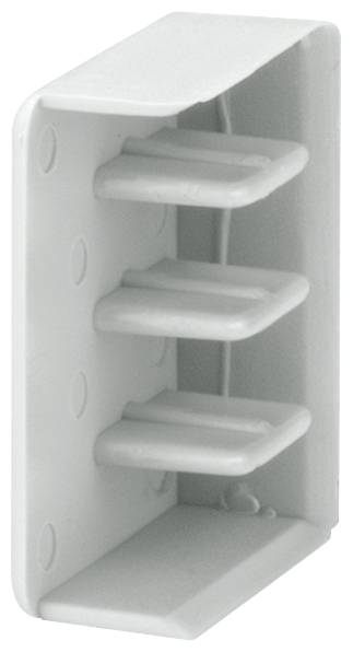 Grey plastic cover with three horizontal louvres; serves as protection for rectangular openings or ventilation slots.
